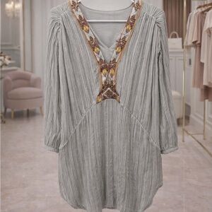 Free People Light Gray Embroidered V-Neck Tunic